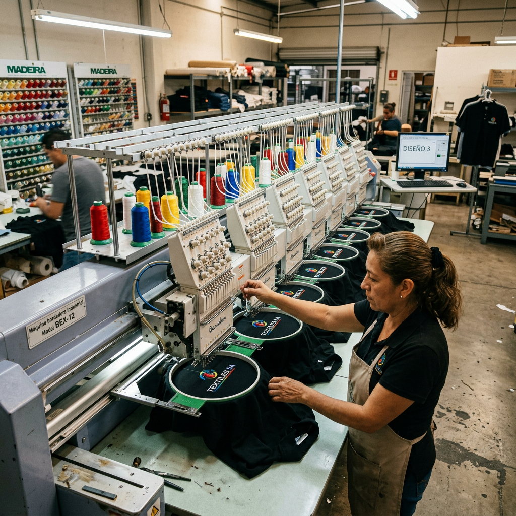 Worker operating embroidery machine stitching colorful logos on black shirts